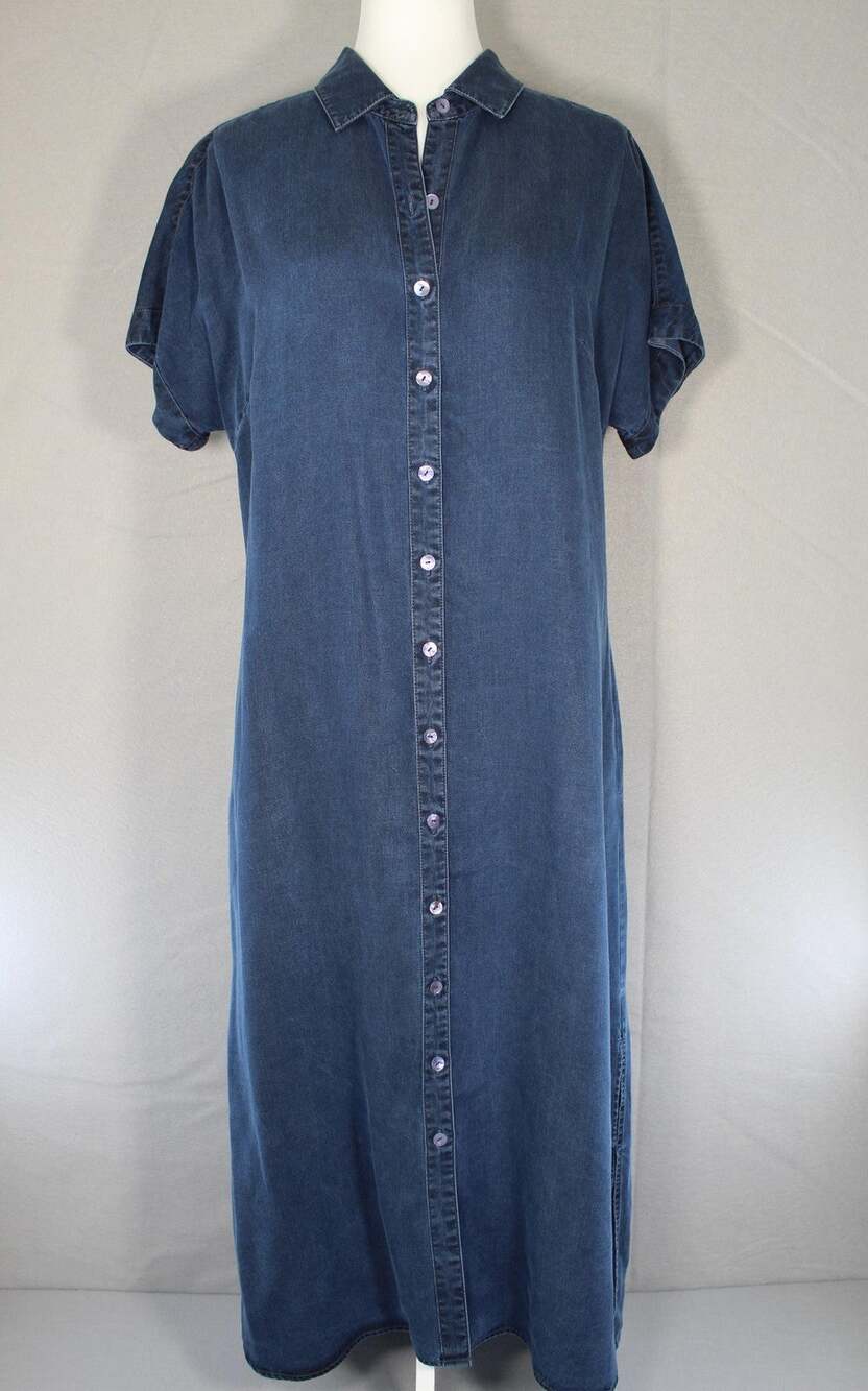 Soft Surroundings Shirt Dress Womens M Blue Denim Button Front Short Sleeve Long